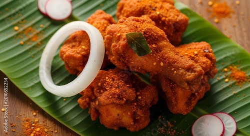 Spicy fried chicken pieces with onion rings and radish on banana leaf