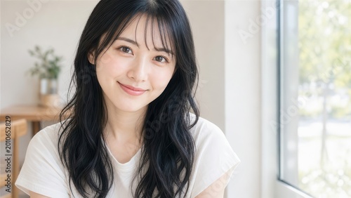 自然光が差し込む窓際で優しく微笑む黒髪の女性のポートレート Free Download 自然光が差し込む窓際で優しく微笑む黒髪の女性のポートレート - GFXLoad