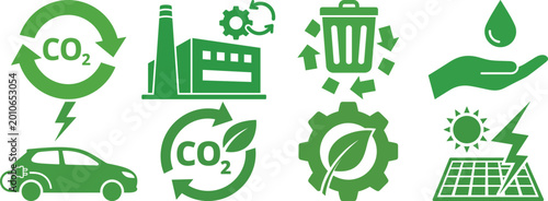 Set of green eco-friendly and energy saving icons including recycling co2 factory electric car and solar power vector.