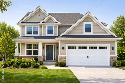 two story suburban home with gray siding and white trim