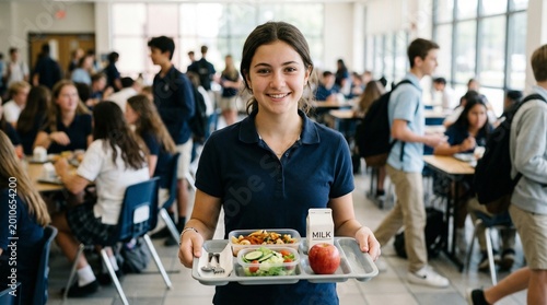 Teen girl smiling while holding lunch tray in school cafeteria  