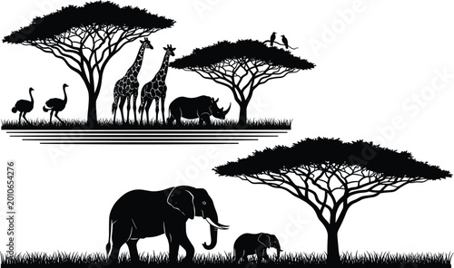 Photography African savanna wildlife silhouette illustration featuring elephants, giraffes,