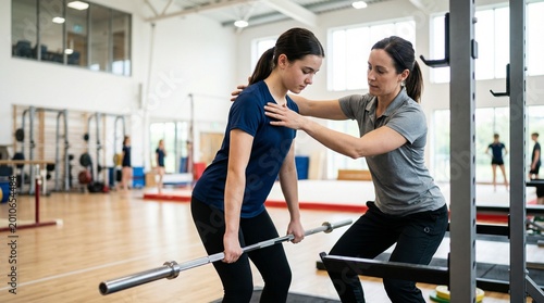 Young woman receiving weightlifting instruction from trainer indoors  