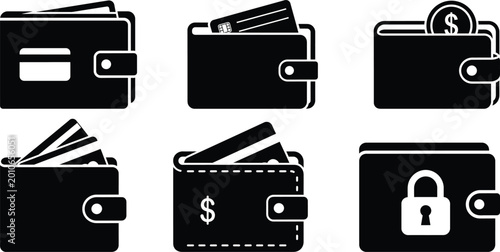 Black wallet icons with money and lock