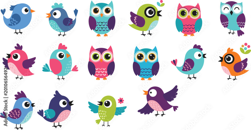 Obraz premium Cute cartoon birds and owls character collection colorful flat vector illustration set playful animals isolated on white background