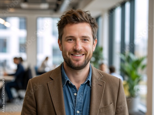 Vertical portrait of a smiling businessman in a modern office. Confident male professional wearing a brown blazer and denim shirt in corporate workplace
