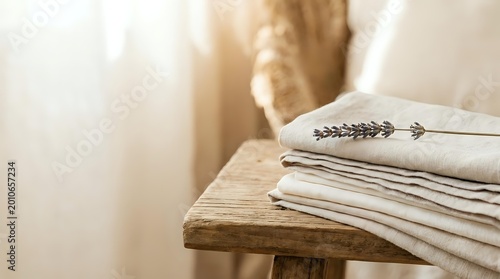 Stack of folded linen towels with lavender sprig on rustic wooden table in bright sunlit bathroom interior for spa and home decor concepts.