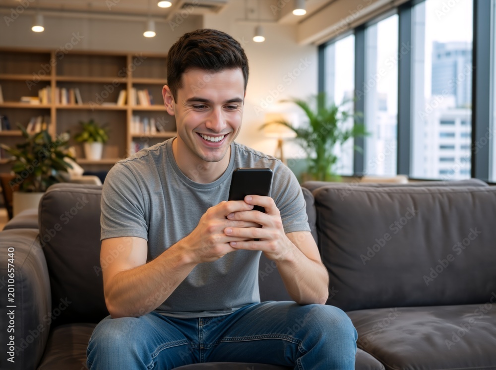 Obraz premium Happy young man using smartphone on sofa at home. Casual male sitting in living room with mobile phone. Relaxation and digital lifestyle concept