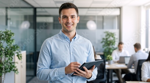 Smiling young businessman holding a digital tablet in a modern office. Professional male employee in a corporate workplace environment