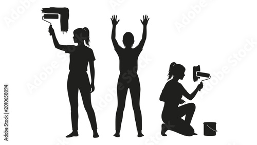 Tablou pe pânză Silhouettes of women painting and celebrating on white background high quality p