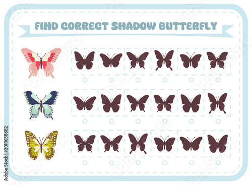 Preschool activity with butterflies. Find correct shadow butterfly game, educational logic task for children and toddlers.