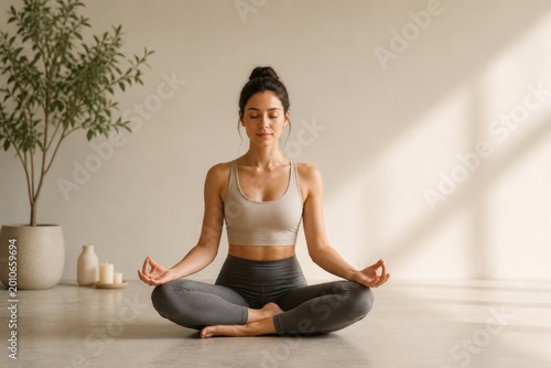 Woman meditating in lotus position in calm minimal indoor space. AI-generated.