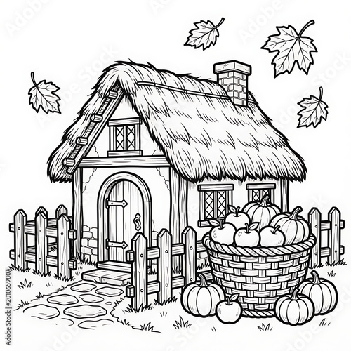 Autumn harvest cottage coloring page with basket of pumpkins and apples by thatched roof.