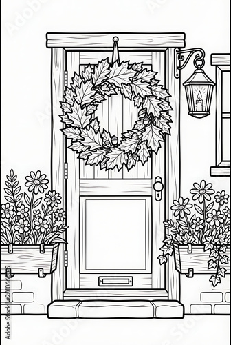 Front door with fall wreath and flowers coloring page for adults.