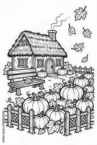 Fall pumpkin patch house coloring page for kids with leaves and wooden bench illustration.
