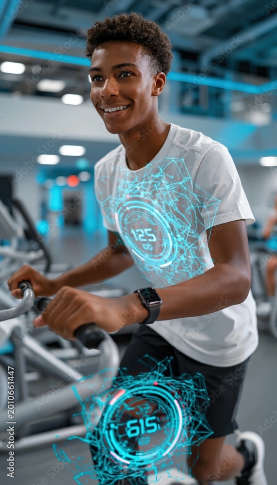 Fototapeta premium Young athlete smiling during gamified rehabilitation with digital progress visuals