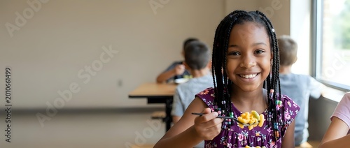 Smiling African American girl eating lunch at school cafeteria, happy child with braids enjoying meal, classmates in background.