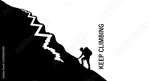 Foto Silhouette of a lone hiker climbing a steep mountain path with motivational text