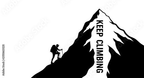 Принти на полотні Silhouette of a hiker climbing a mountain with Keep Climbing text