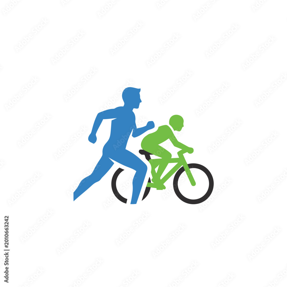 Obraz premium Blue runner and green cyclist silhouette icons on white background
