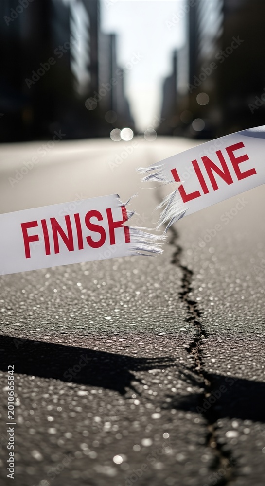 Fototapeta premium Torn finish line ribbon on cracked asphalt road, symbolizing end of competition or challenge, with copy space
