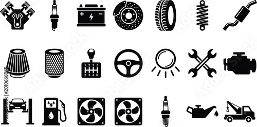 Fotografija Automotive Parts and Service Icon Set with Engine Battery Tire Brake Filter Gear