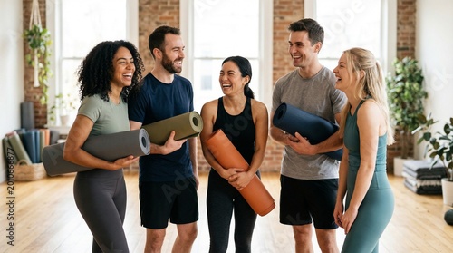 Group of friends chatting and holding yoga mats in studio  