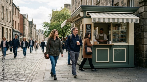 Young people walking and enjoying coffee near a street vendor  