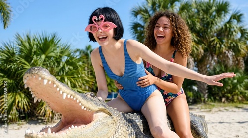 Two women laugh while posing on an alligator statue, their playful fearlessness a metaphor for tackling life's wild side with humor and the shared support of a close friendship.