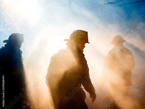 Firefighters advancing through heavy smoke toward a bright light. Symbolizing courage, hope in crisis, professional sacrifice, and heroic rescue operations.