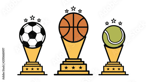 Valokuva Assortment of sports trophies featuring soccer basketball tennis balls soccer ba