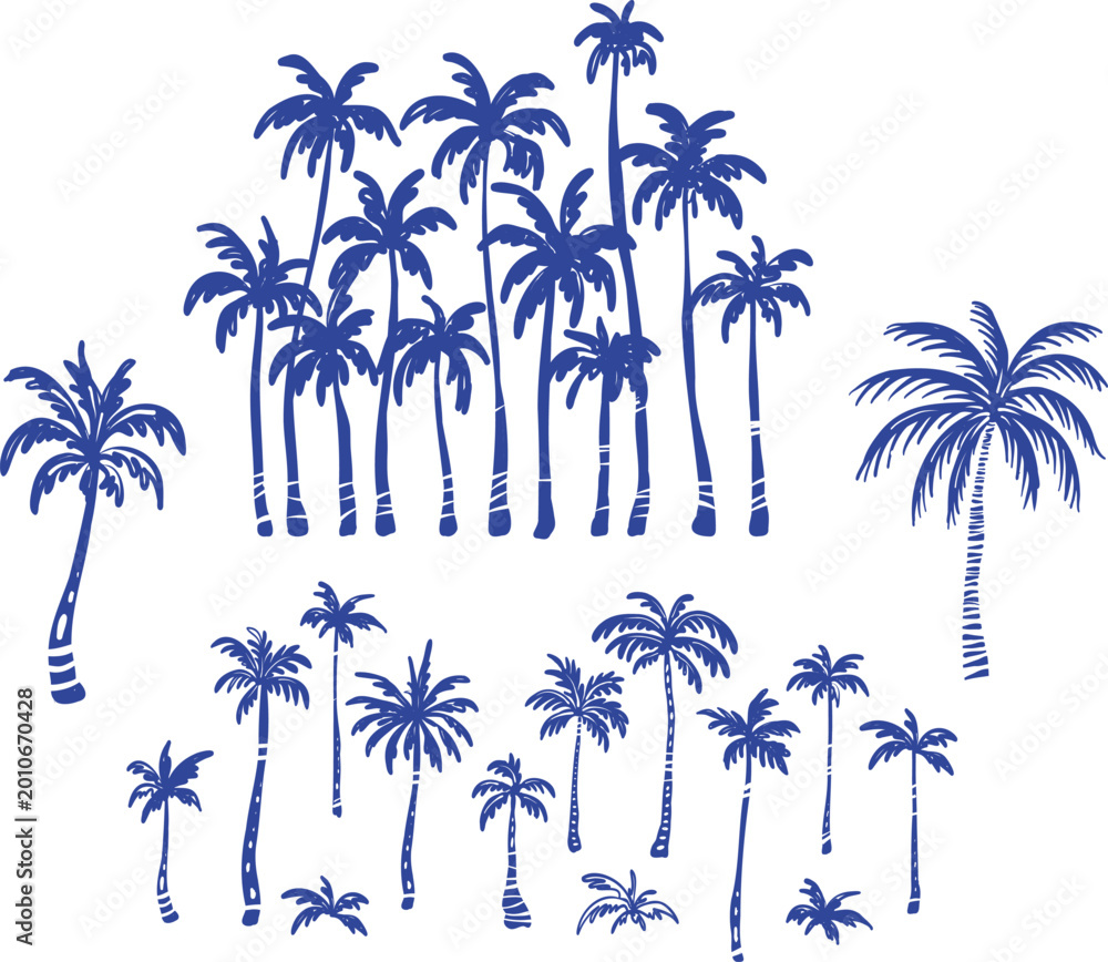 Fototapeta premium Hand drawn palm tree collection with tropical silhouettes and island vegetation elements set