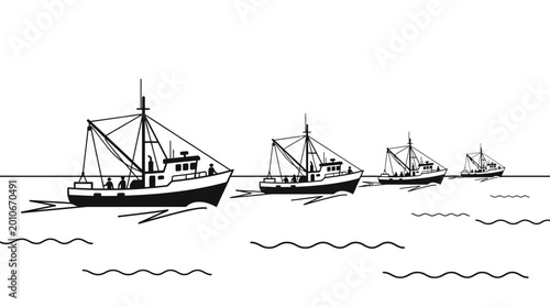 Photos A line of commercial fishing trawler boats sailing on the ocean.