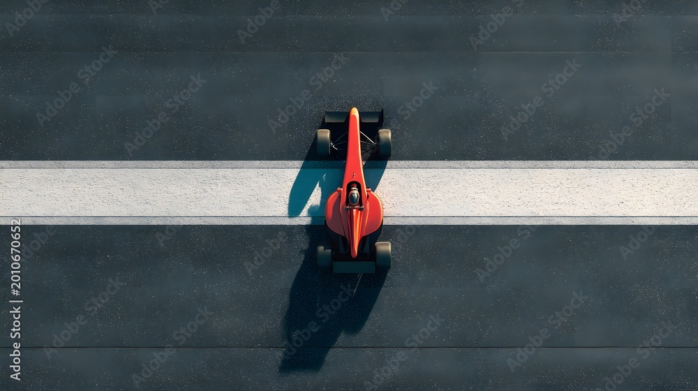 Fototapeta premium Overhead view of a vibrant red racing car on a clean asphalt track