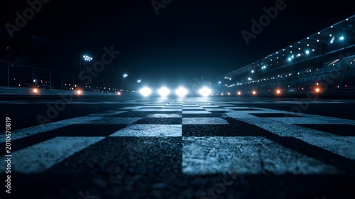 Race track starting grid with bright headlights at night under stadium lights
