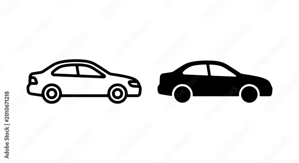 Fototapeta premium Minimalist sedan car icons, black silhouette and outline vehicle vector set, automotive symbols