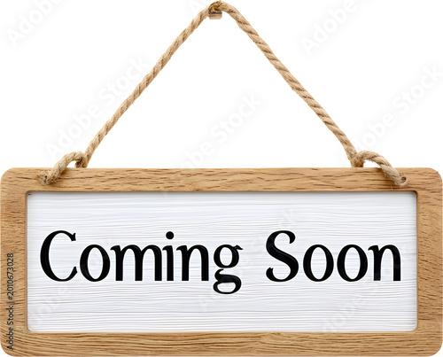 Coming Soon door sign with rope hanger for marketing and business launch, isolated graphic