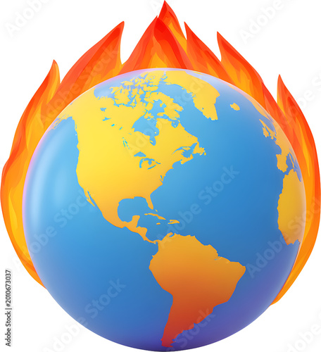 earth globe with symbolic rising heat flames for climate change global warming, isolated graphic