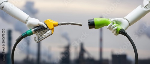 Robotic arms connecting fuel nozzles in industrial refinery