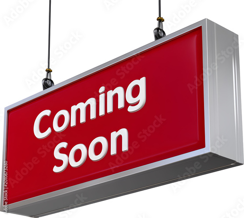 storefront-style red Coming Soon sign with aluminum frame for marketing and product launch, isolated graphic