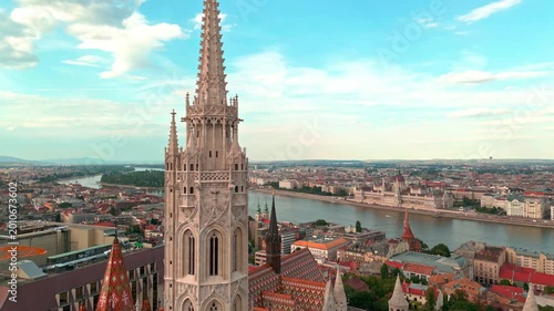 Matthias Church and Fisherman Bastion. Budapest aerial view. Budapest capital of Hungary. Budapest top cityscape panorama. Budapest skyline. Church above historic square. Church city landmark.