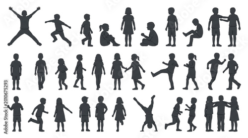 Photography Diverse Collection of Silhouetted Children Posed in Various Activities, Ideal fo