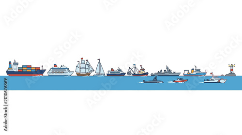 Фотография Set of various watercraft vessels and ships sailing on the sea.