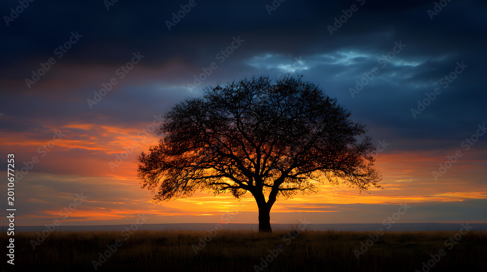 Fototapeta premium Bare tree silhouette isolated in vast open landscape 