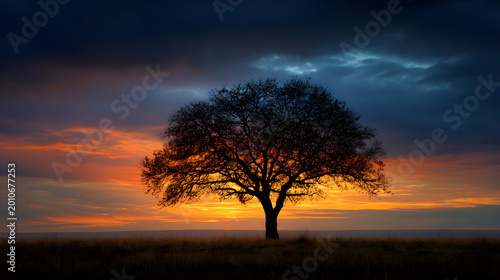 Bare tree silhouette isolated in vast open landscape 