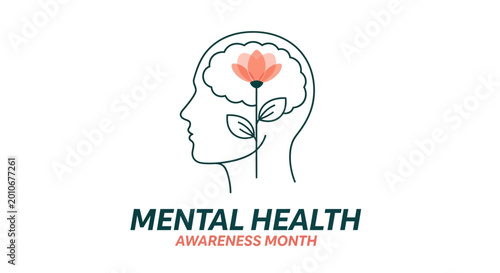 Tableau sur toile Mental health awareness month line art concept with a blooming flower inside human head