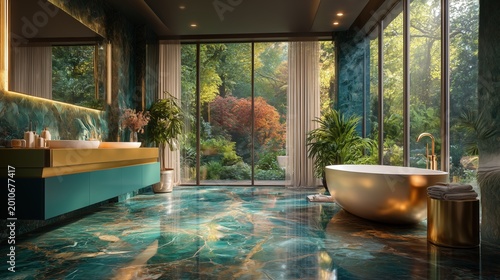 Luxury Bathroom Interior with Marble Floor and Garden View