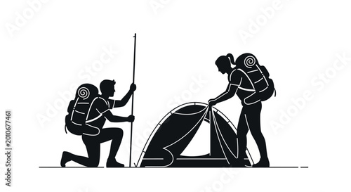 Black and white silhouette illustration of a couple setting up a camping tent.