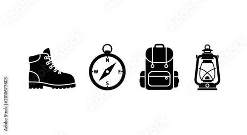 Set of adventure icons featuring hiking boot compass backpack and lantern.