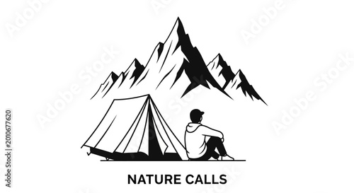 A man sitting in front of a tent enjoying the mountain view.